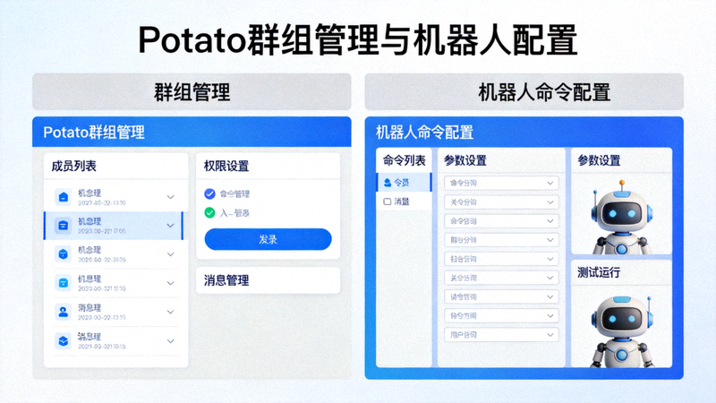 Potato群组管理面板和机器人命令配置界面示意图
