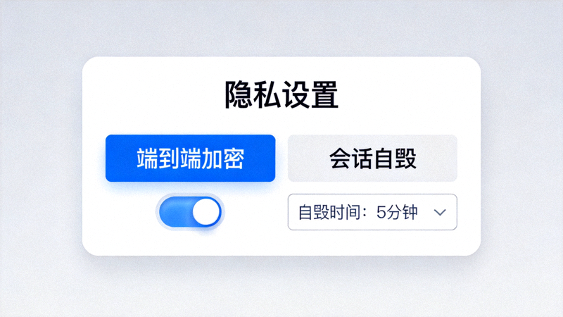 土豆软件隐私设置页面，展示端到端加密和会话自毁选项